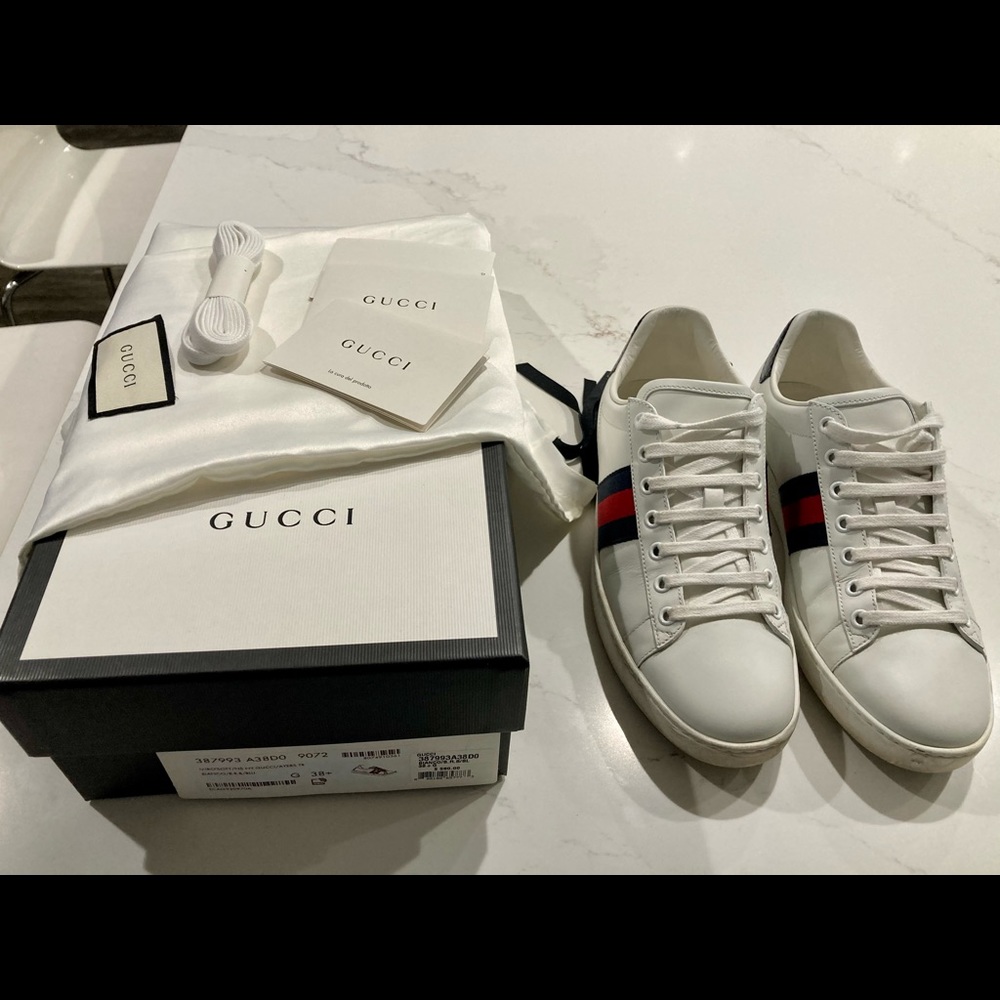 Gucci White Leather Sneakers with Navy and Red Web Stripe - Picture 6 of 11